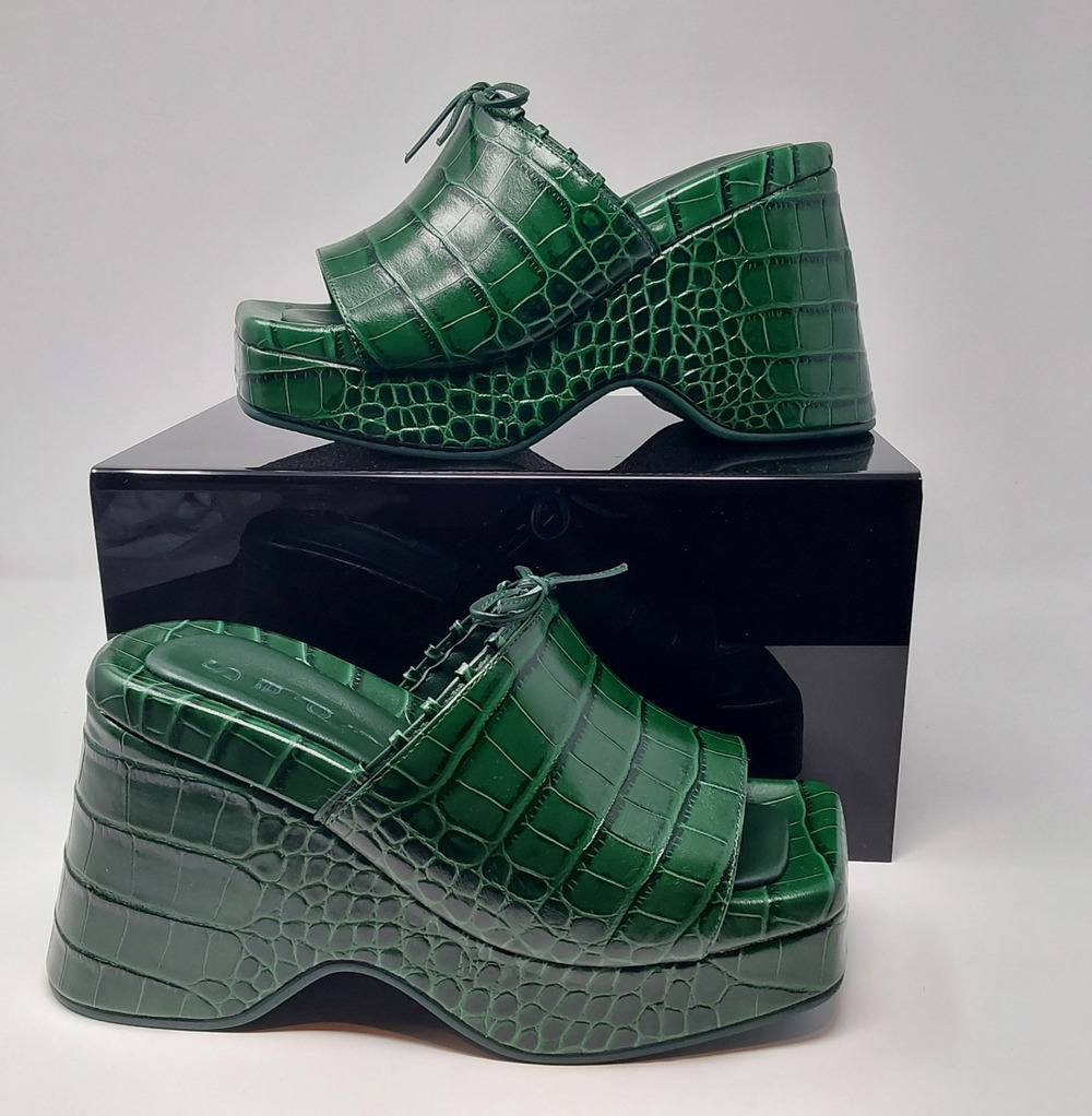Sadi Studios NEMO Green Croc Platform Wedge Mules Womens 8